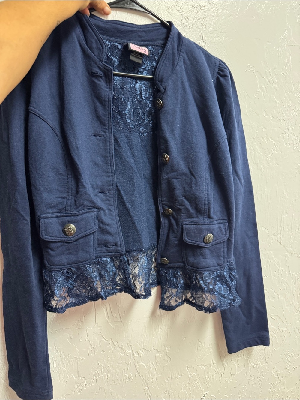 Women's Navy Lace-Hem Button Jacket